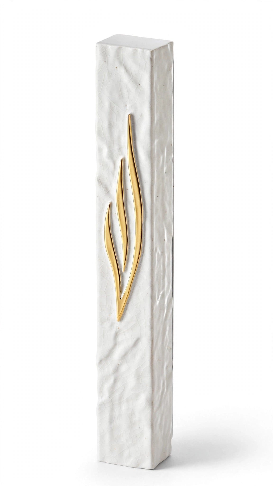 Angled view of the Extra Large Golden Esh White Concrete Mezuzah, a waterproof textured white mezuzah case made in Israel with a sweeping gold flame-style Shin, large enough for a kosher mezuzah scroll up to 8 inches