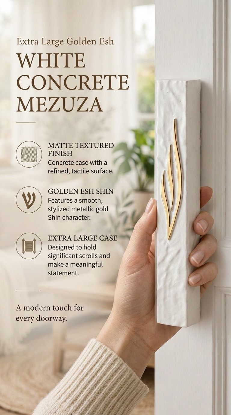 Extra large white concrete mezuzah with a golden Shin held in hand against a neutral editorial background.
