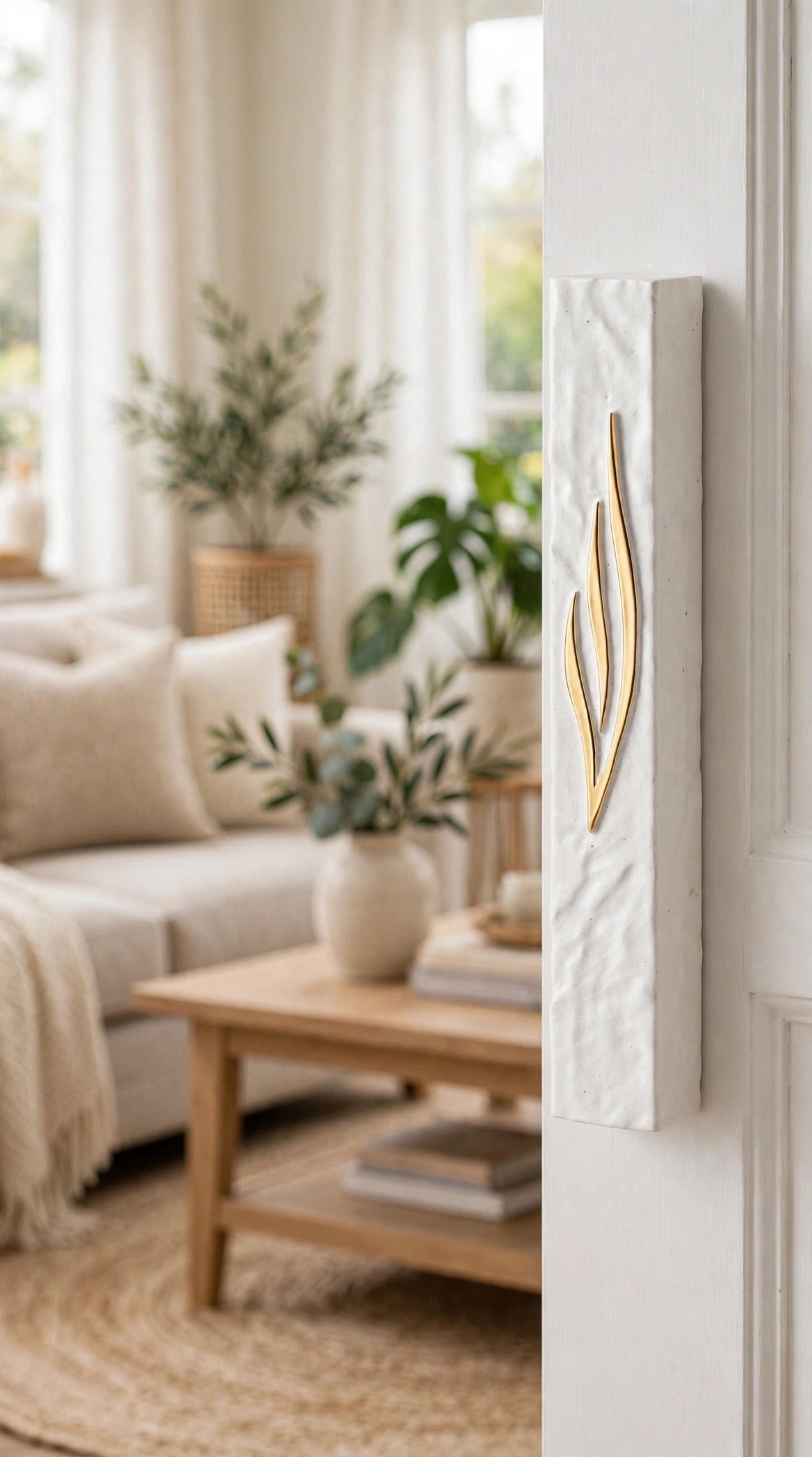 Extra Large Golden Esh White Concrete Mezuzah mounted on a white doorpost beside a sunlit living room, its hand-textured white surface and tall flame-shaped gold Shin showing the scale of this waterproof 8-inch scroll mezuzah case