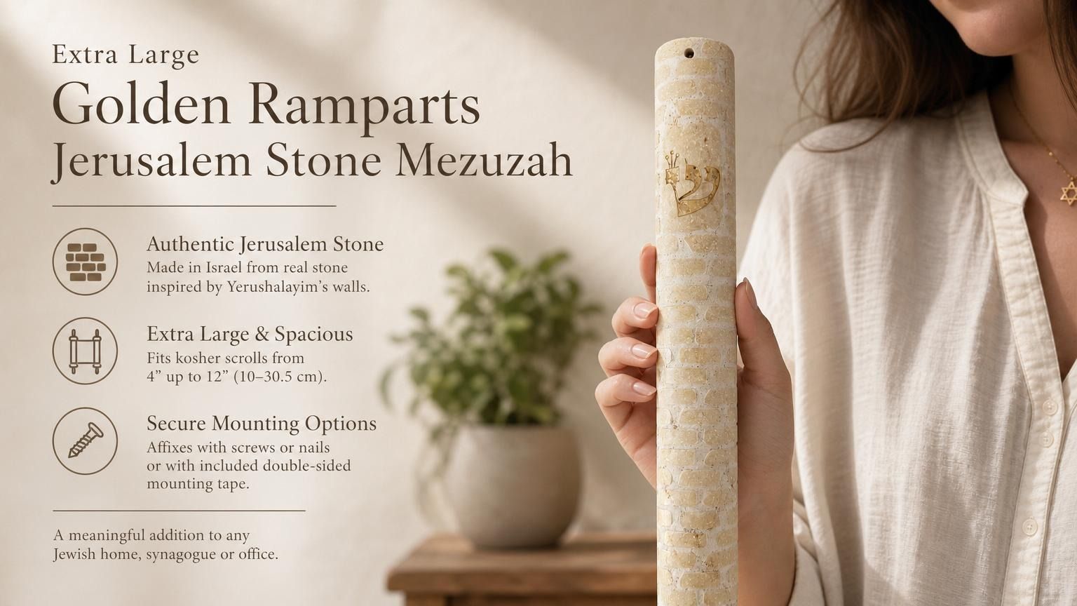 Hand-held Jerusalem stone mezuzah in warm gold with carved wall pattern and Hebrew Shin, showing detailed texture and design.