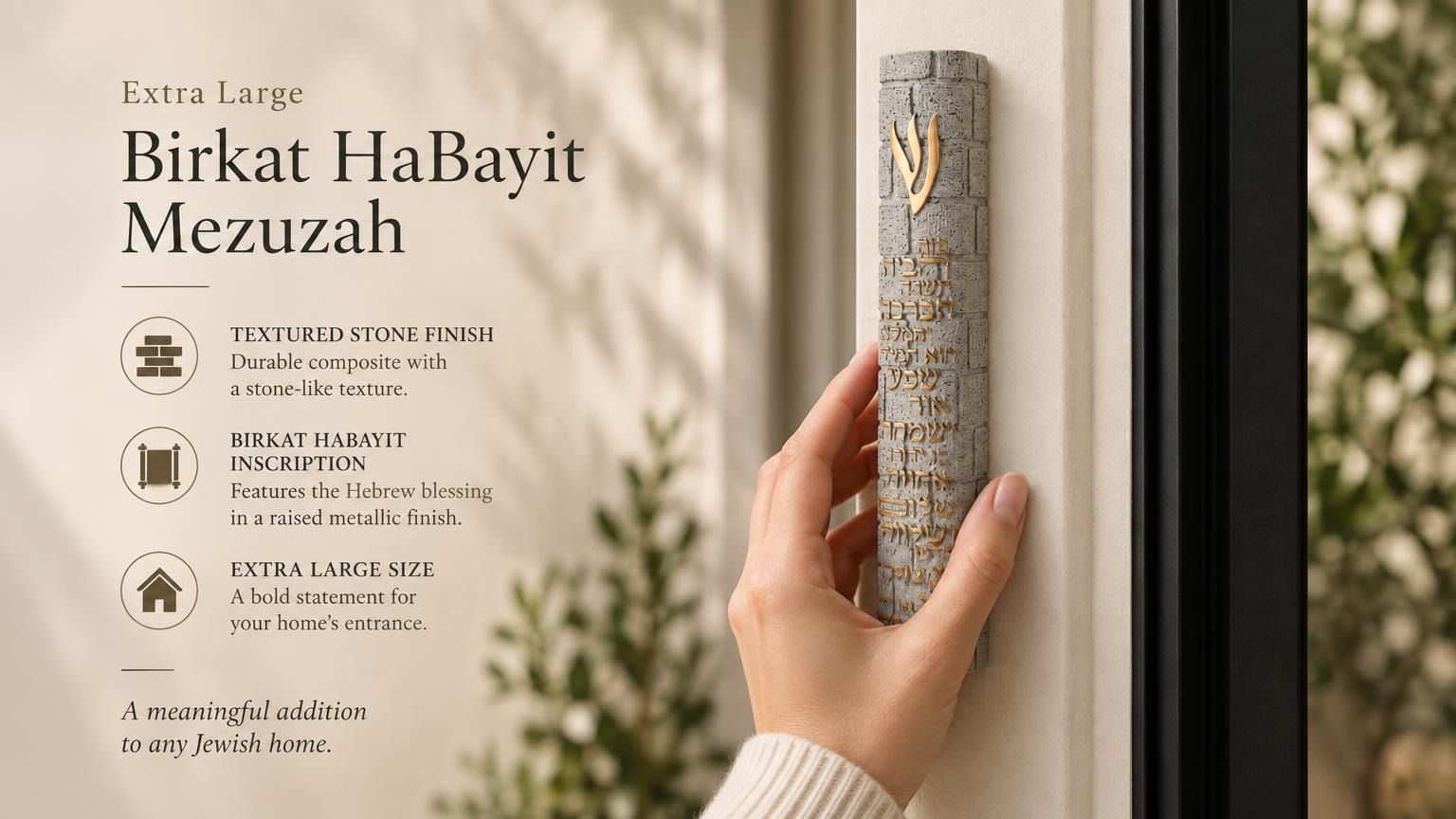 Person holding an extra large textured gray concrete mezuzah with gold Hebrew lettering and Birkat HaBayit prayer.