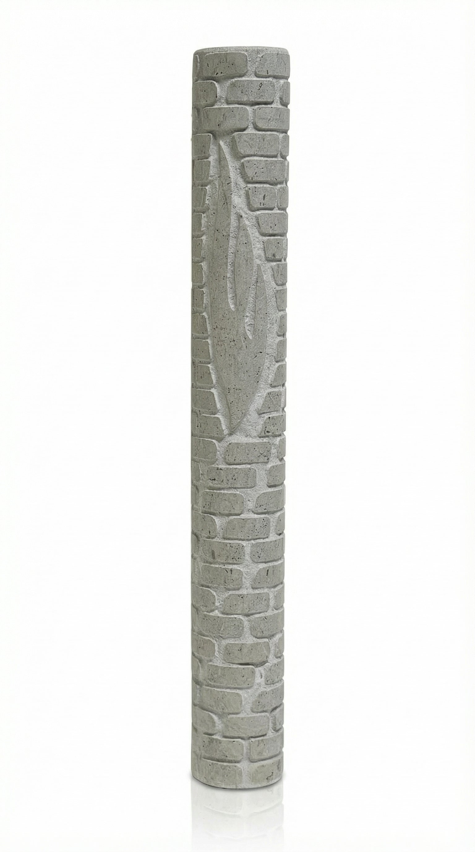 Hand-carved Jerusalem stone mezuzah with brick texture and carved Shin, evoking the Old City walls, suitable for indoor doorways.