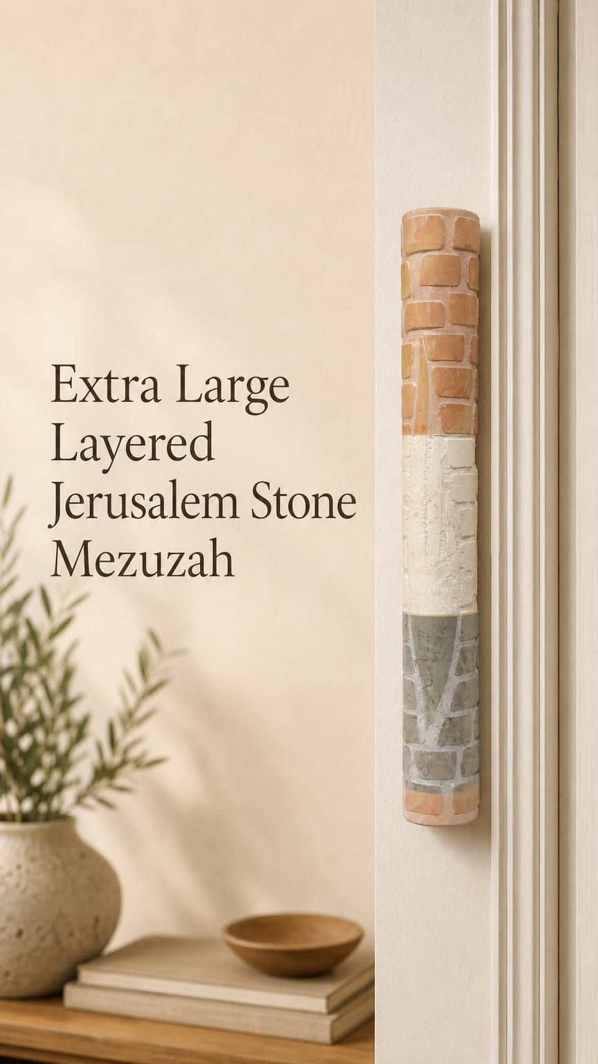 Extra large natural Jerusalem stone mezuzah case with layered relief design in soft beige earth tones for doorways.