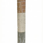 Natural Jerusalem stone mezuzah case with layered relief in soft beige, displayed vertically on a white background with a subtle reflection.
