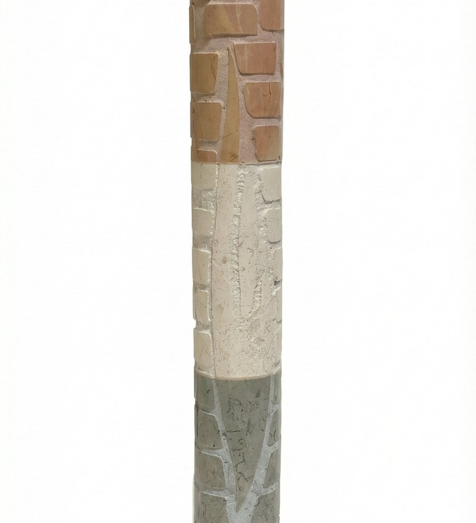 Natural Jerusalem stone mezuzah case with layered relief in soft beige, displayed vertically on a white background with a subtle reflection.