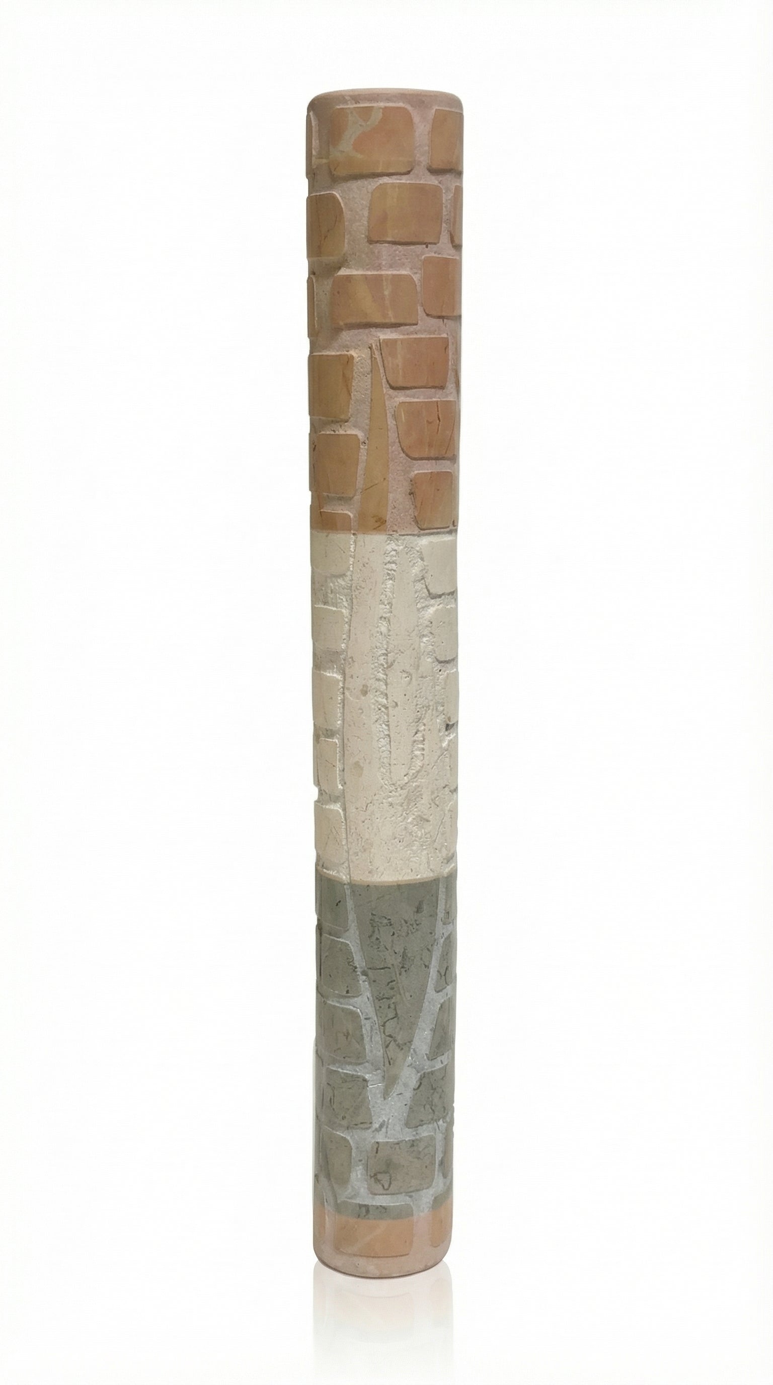 Natural Jerusalem stone mezuzah case with layered relief in soft beige, displayed vertically on a white background with a subtle reflection.