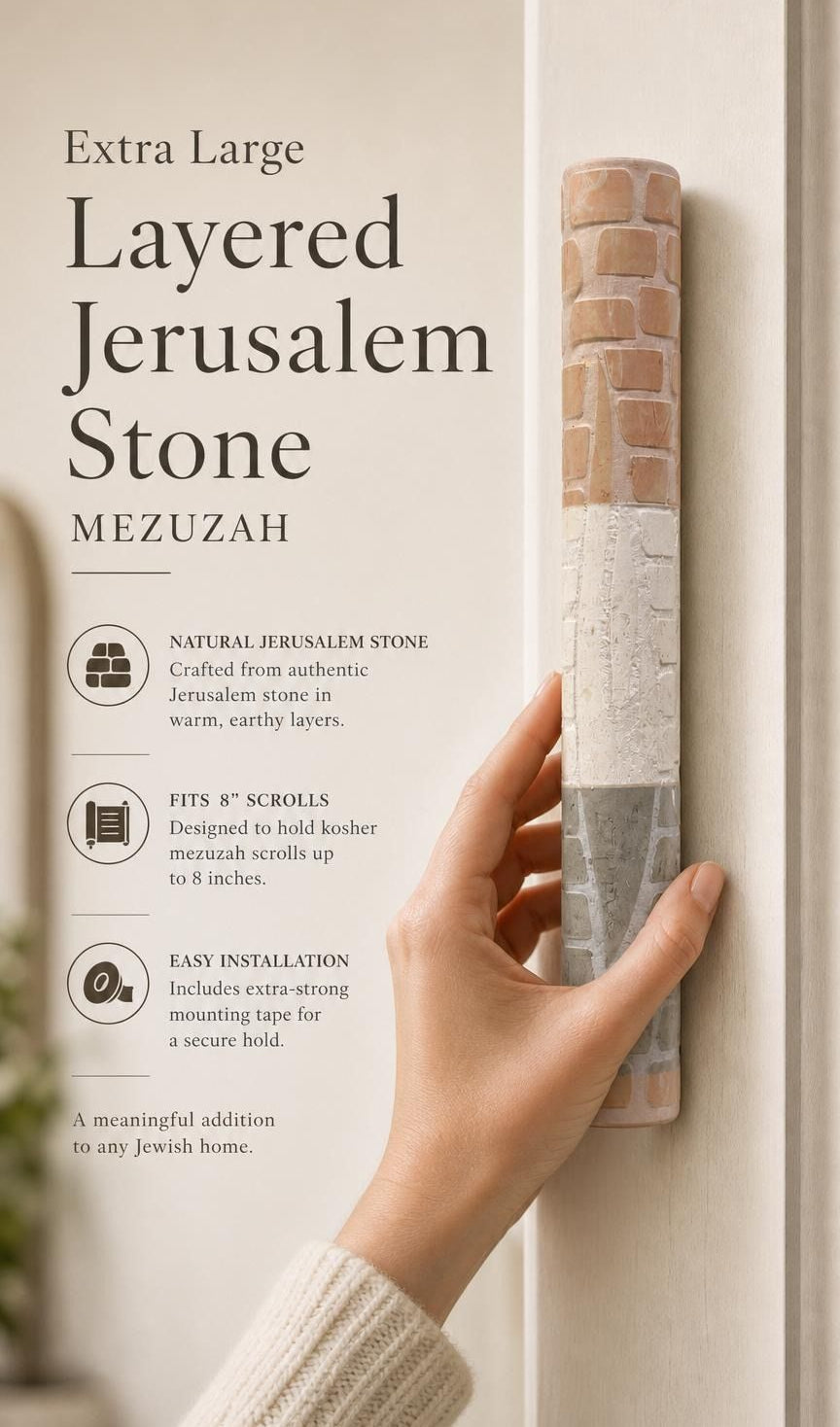 Natural Jerusalem stone mezuzah case with layered relief in soft beige, perfect for indoor doorway decoration and Jewish traditions.