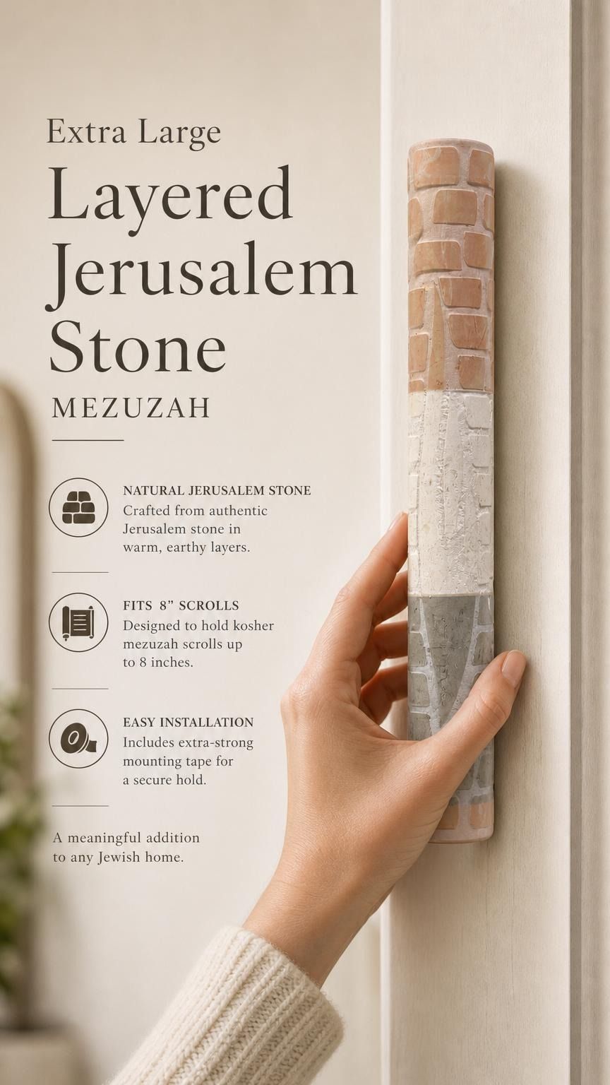 Natural Jerusalem stone mezuzah case with layered relief in soft beige, perfect for indoor doorway decoration and Jewish traditions.