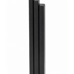 Extra Large Modern Black Pyramid Mezuzah shown from the front as a deep matte black aluminum mezuzah cover, with three graduated vertical bars forming a minimalist stepped design and a gently rounded lower edge for modern Jewish doorway decor