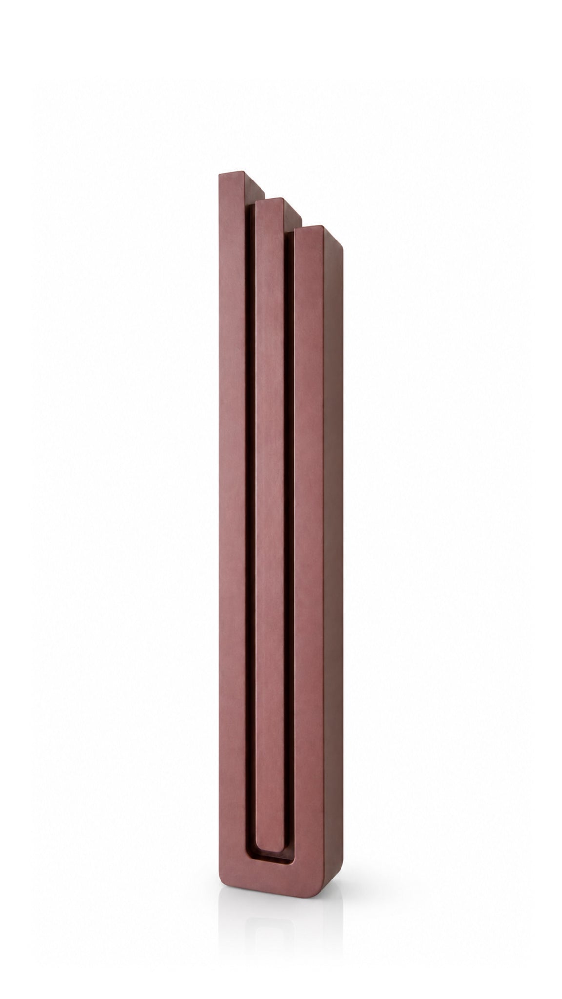 Extra Large Modern Burgundy Pyramid Mezuzah shown from the front as a muted burgundy wine-red aluminum mezuzah cover, with three graduated vertical bars forming a minimalist stepped design and a gently rounded lower edge for modern Jewish doorway decor