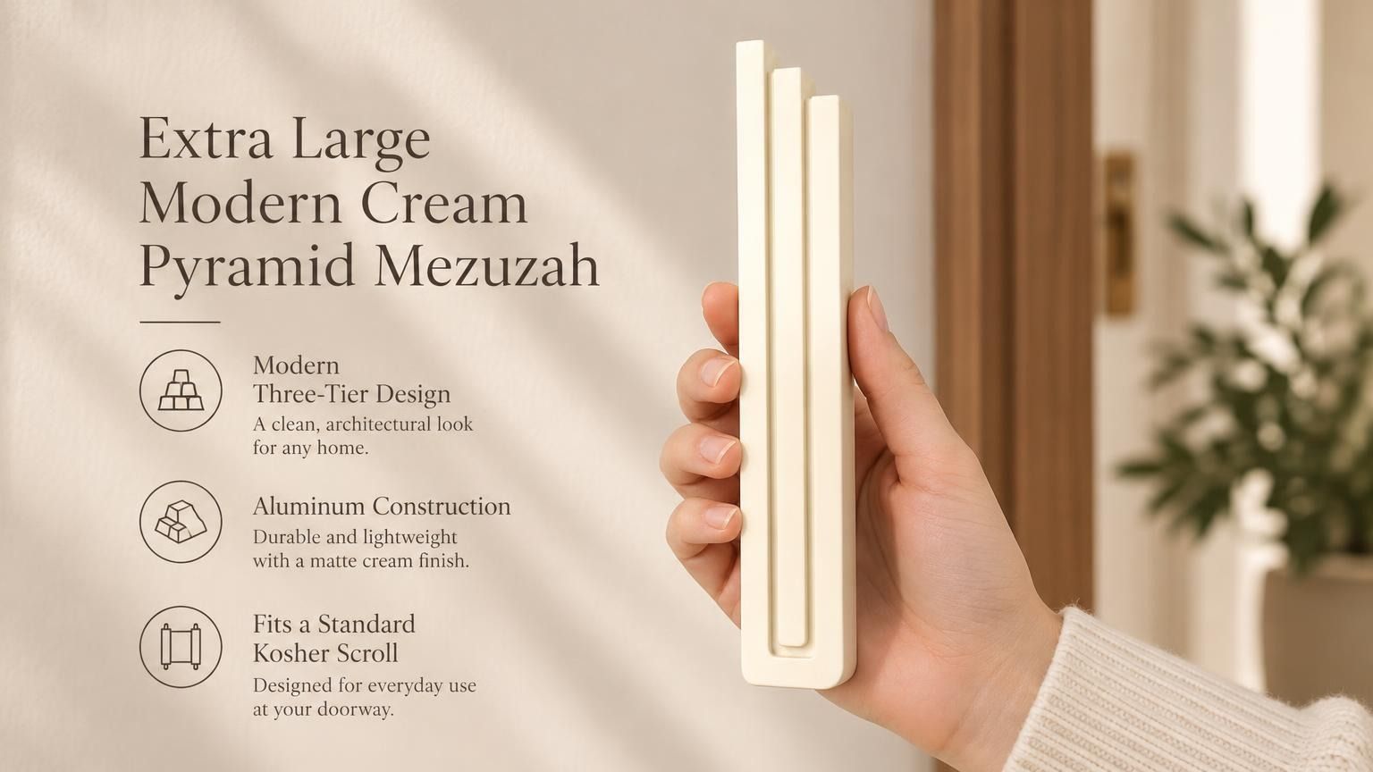 Extra Large Modern Cream Pyramid Mezuzah pictured in hand as a warm ivory cream aluminum mezuzah cover with three graduated bars and a architectural stepped design, alongside its name and illustrated product features in a wide social-sharing image