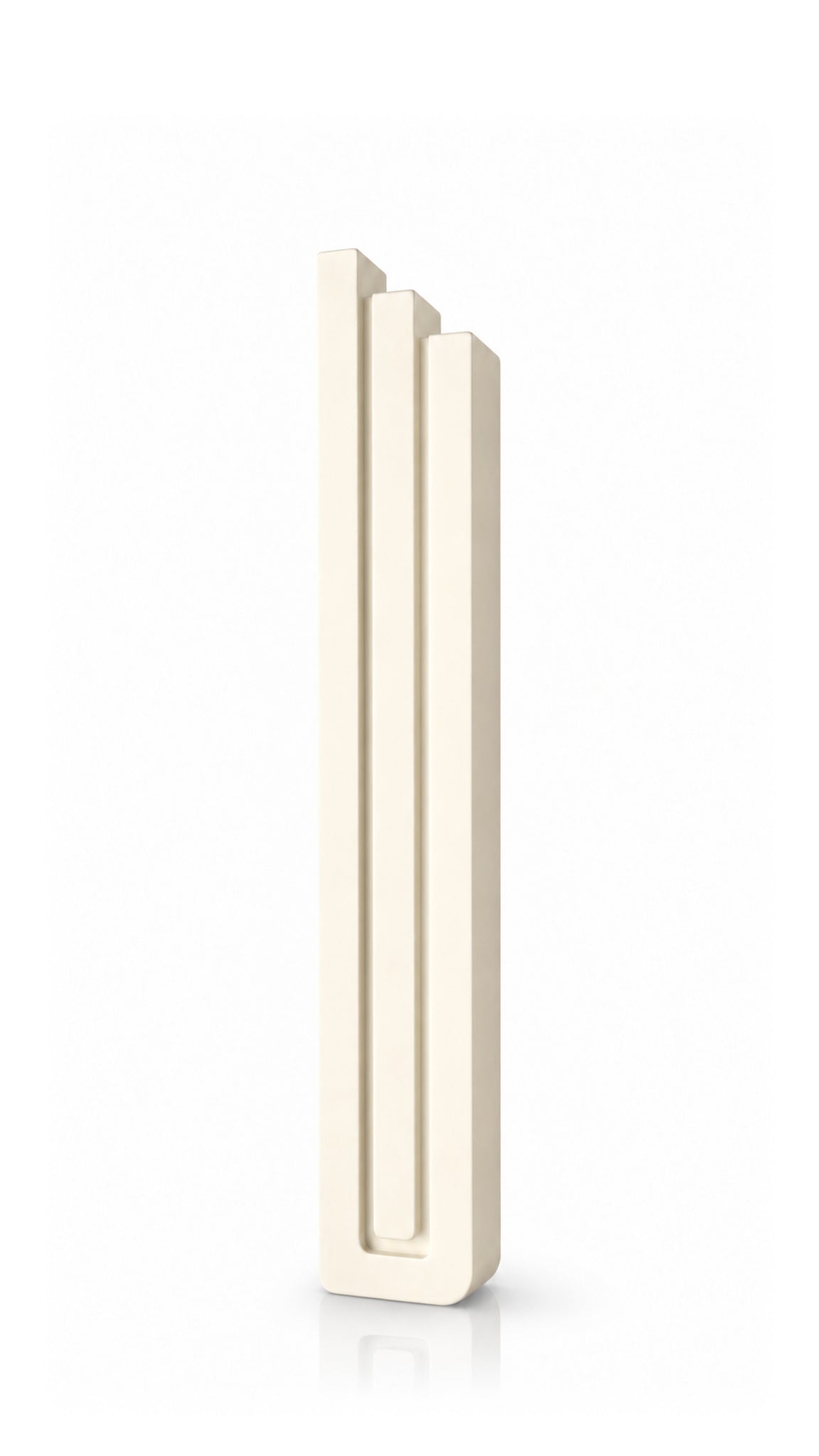 Extra Large Modern Cream Pyramid Mezuzah shown from the front as a warm ivory cream aluminum mezuzah cover, with three graduated vertical bars forming a architectural stepped design and a gently rounded lower edge for modern Jewish doorway decor