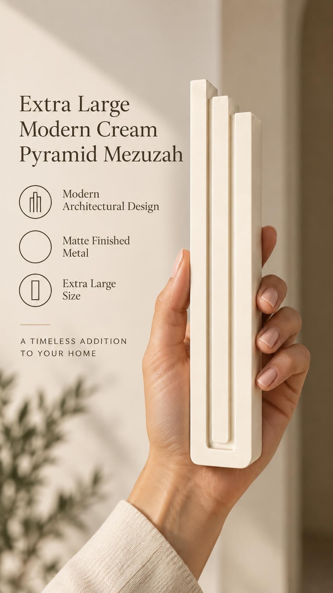 A hand presents the Extra Large Modern Cream Pyramid Mezuzah with its warm ivory cream aluminum mezuzah cover facing forward, highlighting the clean graduated bars and geometric vertical profile beside design illustrations for a architectural Jewish doorway accent