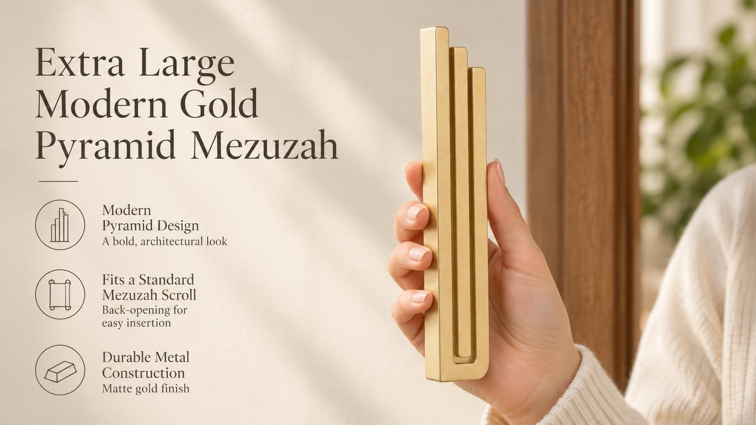 Extra Large Modern Gold Pyramid Mezuzah pictured in hand as a warm metallic gold aluminum mezuzah cover with three graduated bars and a minimalist stepped design, alongside its name and illustrated product features in a wide social-sharing image