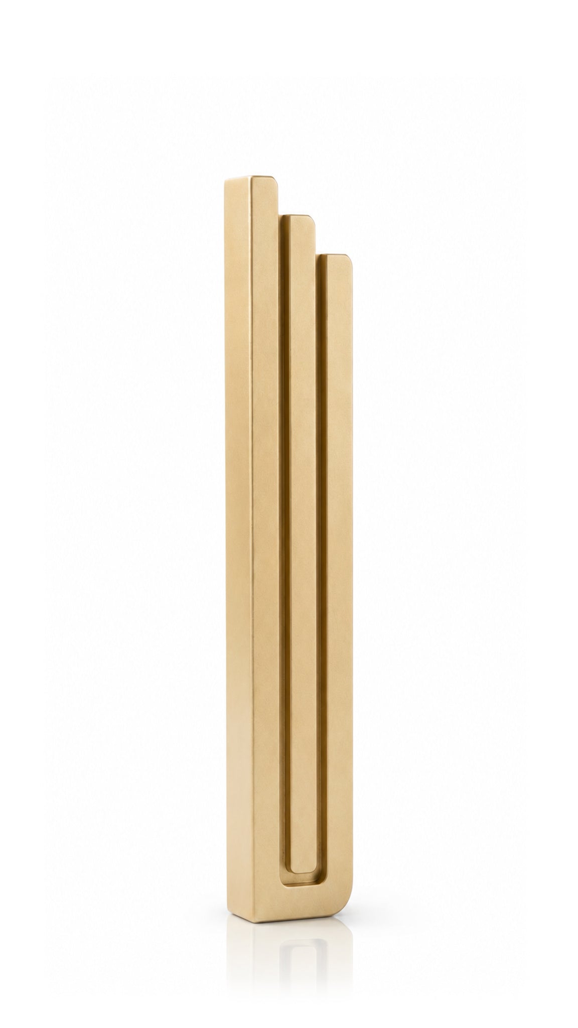 Extra Large Modern Gold Pyramid Mezuzah shown from the front as a warm metallic gold aluminum mezuzah cover, with three graduated vertical bars forming a minimalist stepped design and a gently rounded lower edge for modern Jewish doorway decor