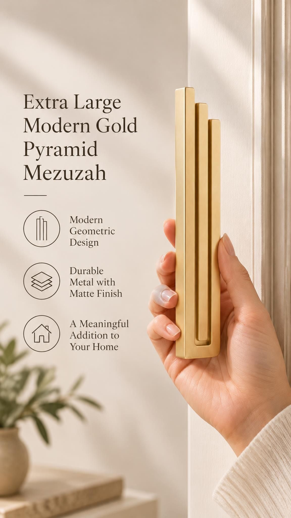 A hand presents the Extra Large Modern Gold Pyramid Mezuzah with its warm metallic gold aluminum mezuzah cover facing forward, highlighting the clean graduated bars and geometric vertical profile beside design illustrations for a minimalist Jewish doorway accent