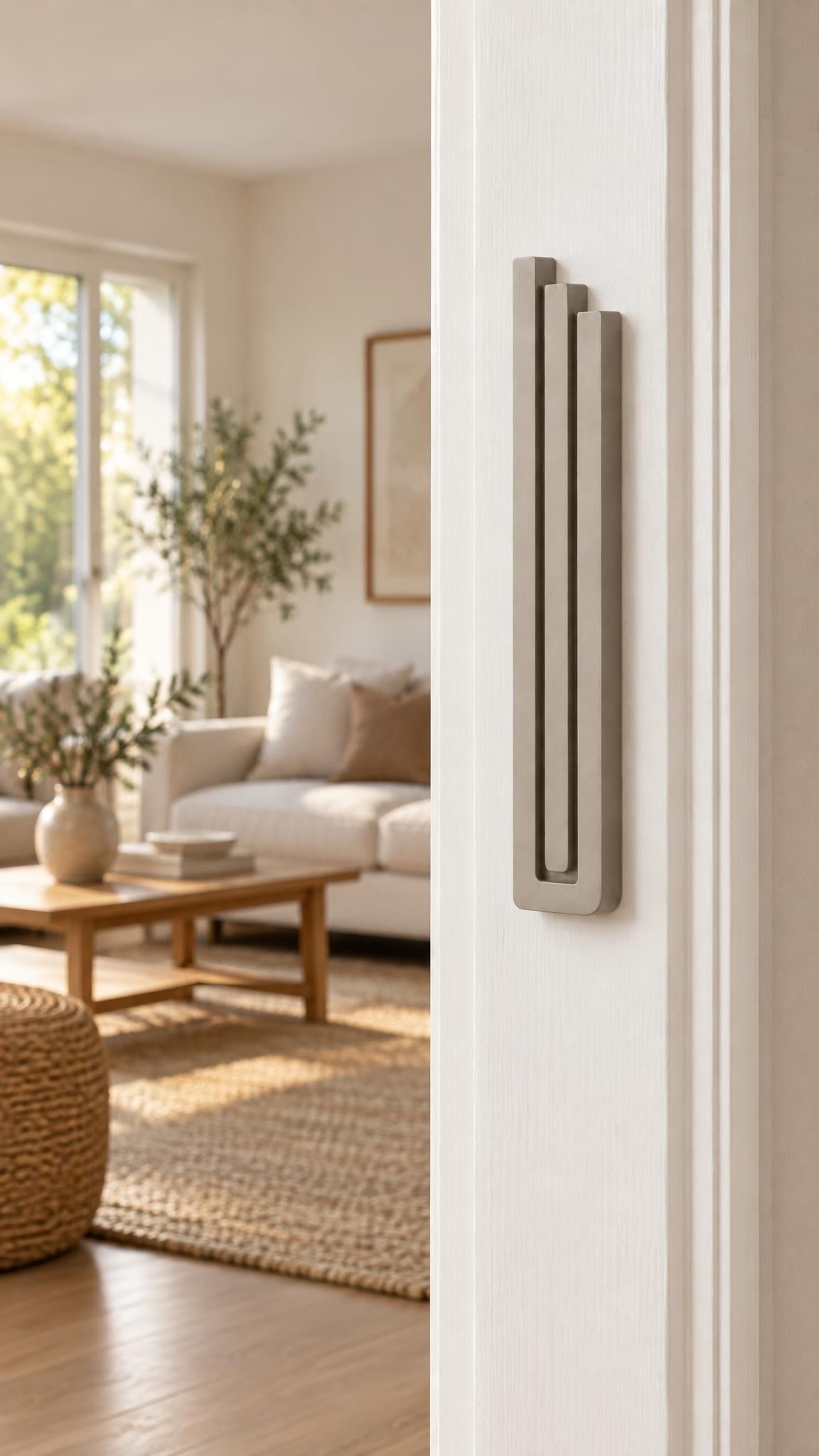 Extra Large Modern Sandstone Pyramid Mezuzah mounted vertically on a white interior doorpost, where its warm taupe sandstone aluminum mezuzah cover and three graduated bars create a minimalist Judaica accent with clean geometric lines against the pale doorframe