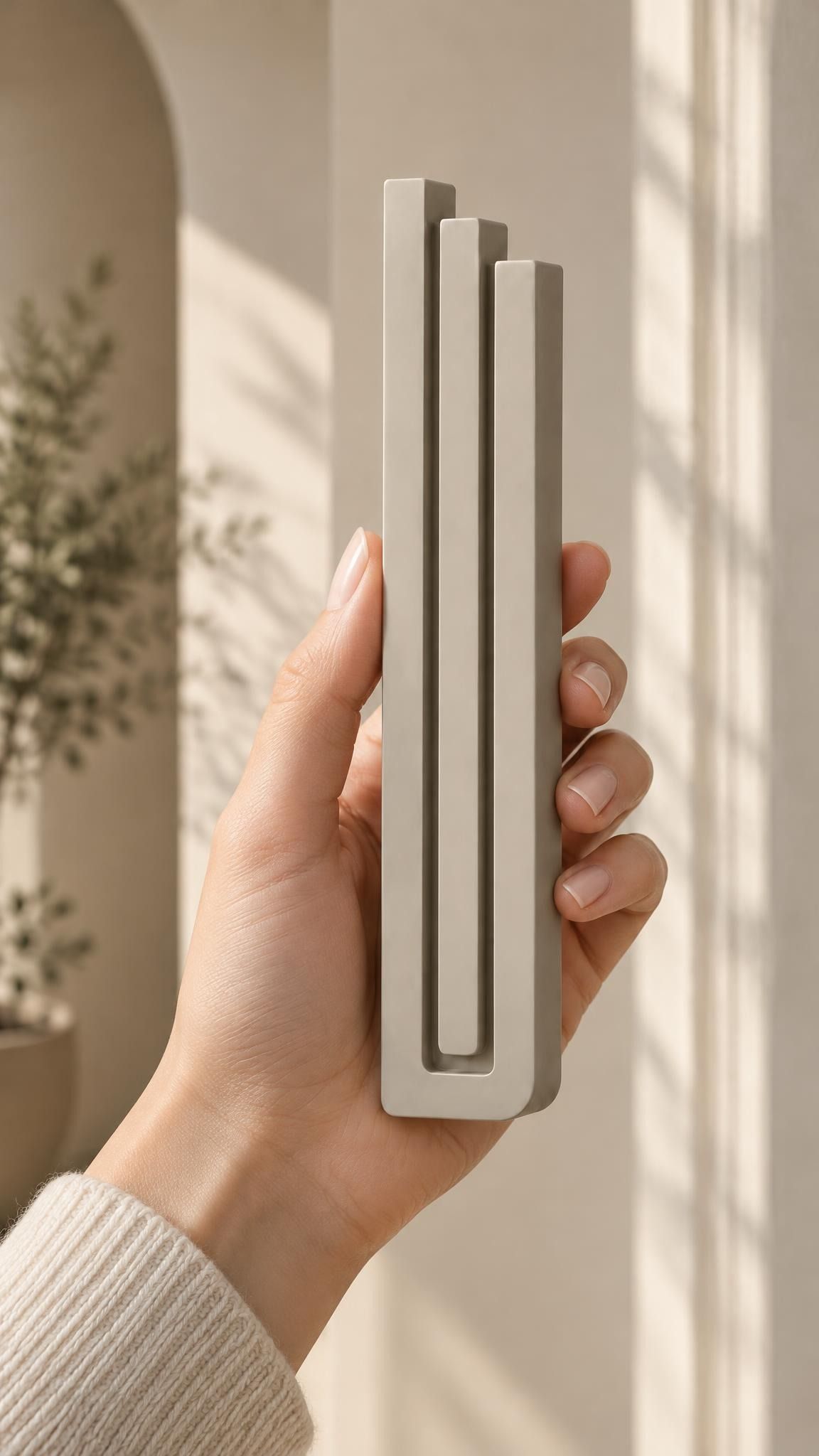 Hand holding the Extra Large Modern Sandstone Pyramid Mezuzah upright, showing the warm taupe sandstone aluminum mezuzah cover with three graduated bars, a stepped top and rounded lower edge in a clear product view of its minimalist design for a Jewish doorway