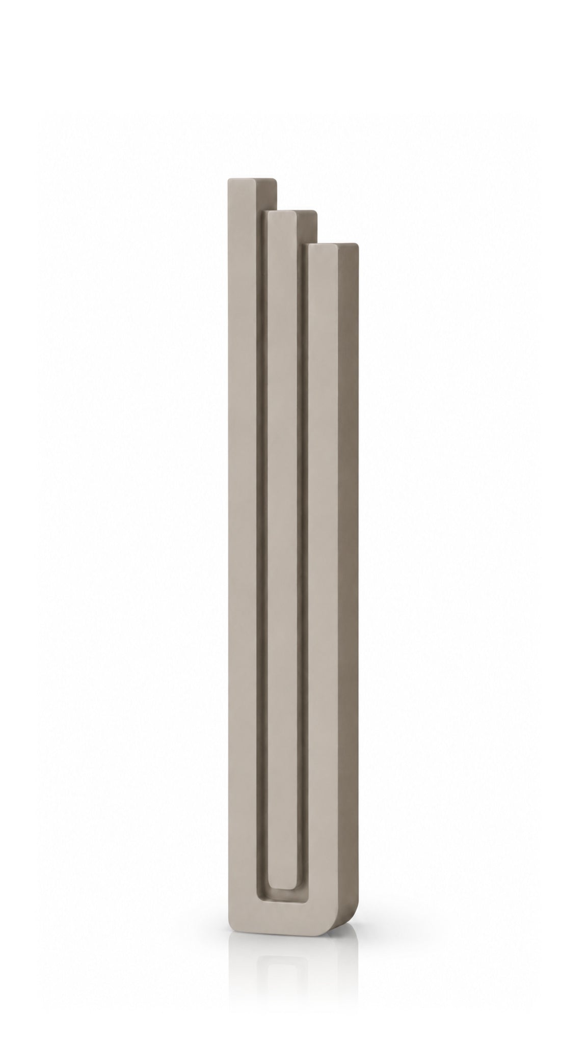 Extra Large Modern Sandstone Pyramid Mezuzah shown from the front as a warm taupe sandstone aluminum mezuzah cover, with three graduated vertical bars forming a minimalist stepped design and a gently rounded lower edge for modern Jewish doorway decor