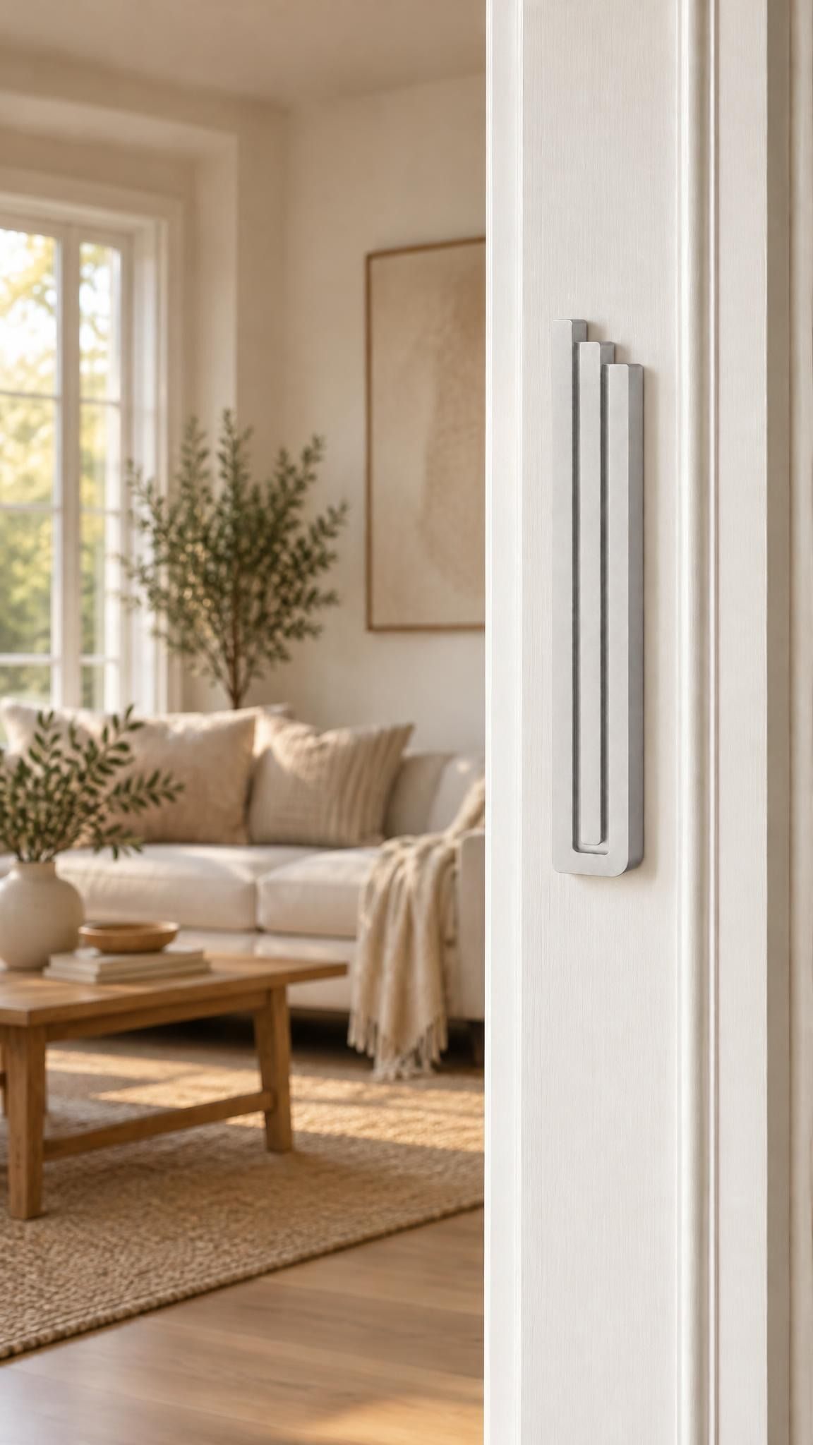 Extra Large Modern Silver Pyramid Mezuzah mounted vertically on a white interior doorpost, where its softly brushed silver aluminum mezuzah cover and three graduated bars create a minimalist Judaica accent with clean geometric lines against the pale doorframe