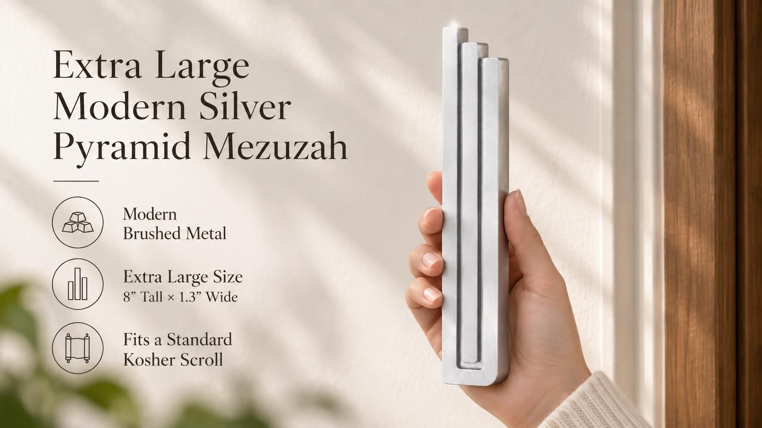 Extra Large Modern Silver Pyramid Mezuzah pictured in hand as a softly brushed silver aluminum mezuzah cover with three graduated bars and a minimalist stepped design, alongside its name and illustrated product features in a wide social-sharing image