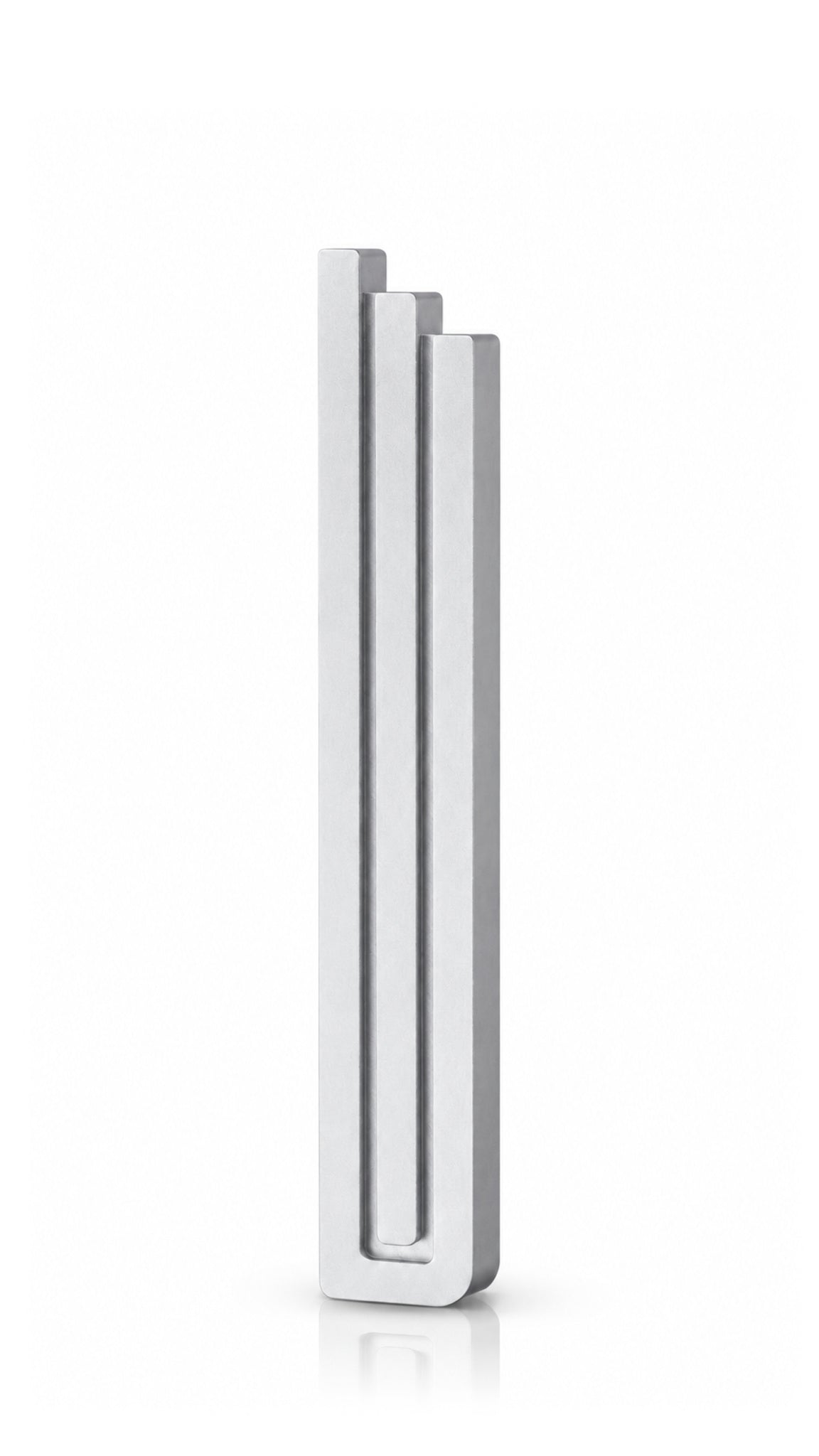 Extra Large Modern Silver Pyramid Mezuzah shown from the front as a softly brushed silver aluminum mezuzah cover, with three graduated vertical bars forming a minimalist stepped design and a gently rounded lower edge for modern Jewish doorway decor