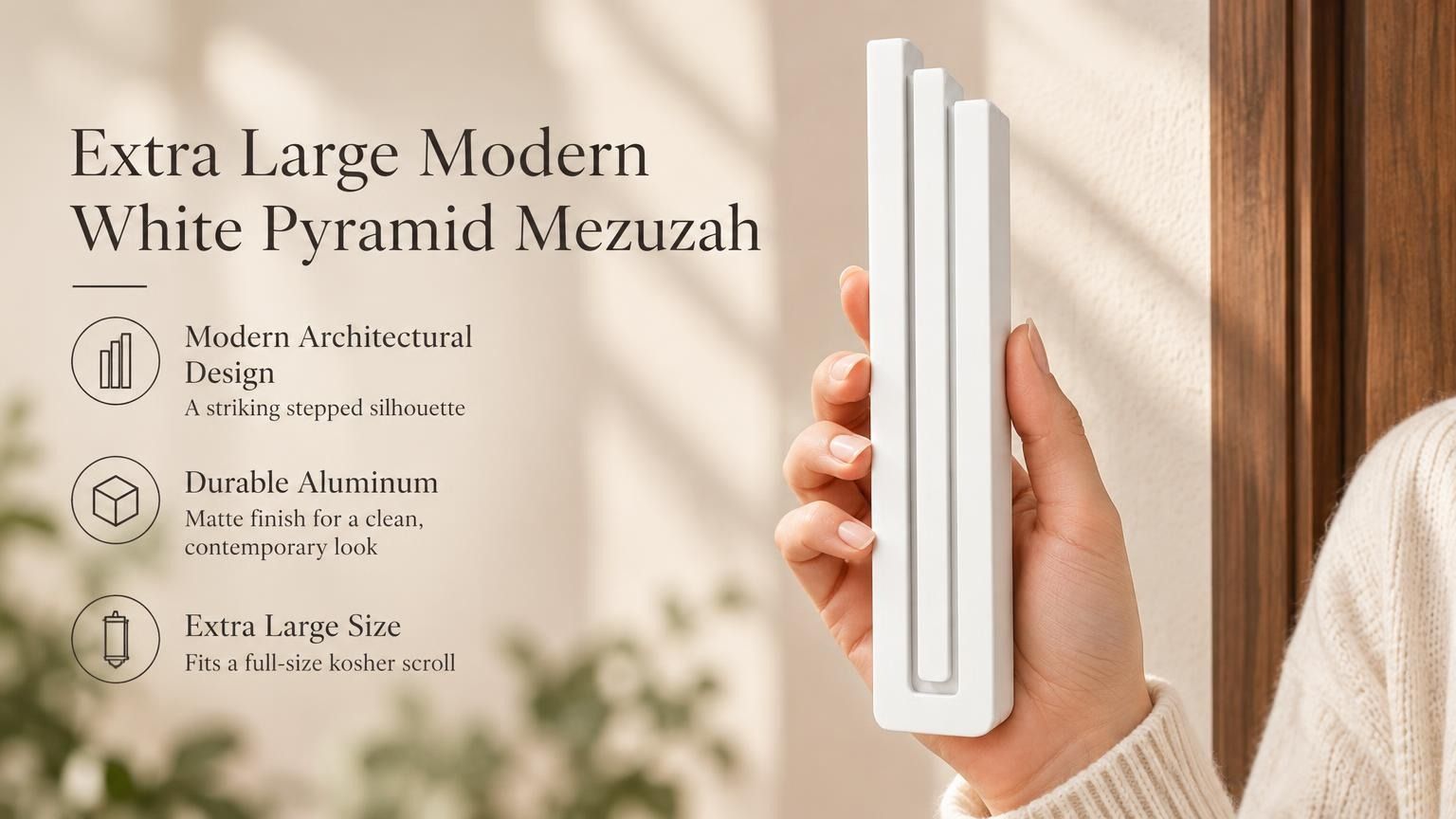 Extra Large Modern White Pyramid Mezuzah pictured in hand as a smooth matte white aluminum mezuzah cover with three graduated bars and a contemporary stepped design, alongside its name and illustrated product features in a wide social-sharing image