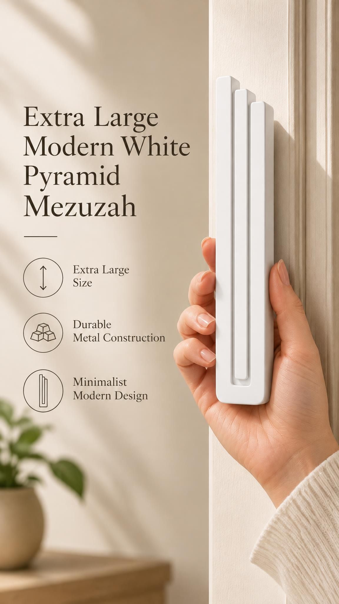 A hand presents the Extra Large Modern White Pyramid Mezuzah with its smooth matte white aluminum mezuzah cover facing forward, highlighting the clean graduated bars and geometric vertical profile beside design illustrations for a contemporary Jewish doorway accent