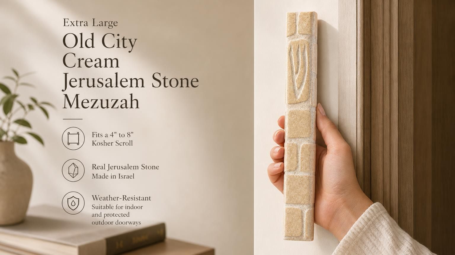 Extra Large Old City Cream Jerusalem Stone Mezuzah, a 9-inch minimalist mezuzah case made from natural cream Jerusalem stone, inspired by the limestone of Jerusalem’s Old City and designed for large Jewish home entrances and prominent doorways