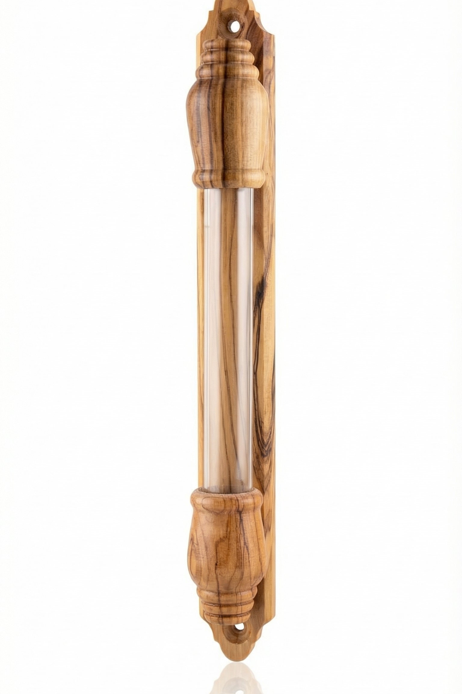Large olive wood mezuzah with exposed glass scroll chamber and handcrafted details for indoor doorways.
