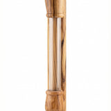 Large olive wood mezuzah with exposed glass scroll chamber and handcrafted details for indoor doorways.