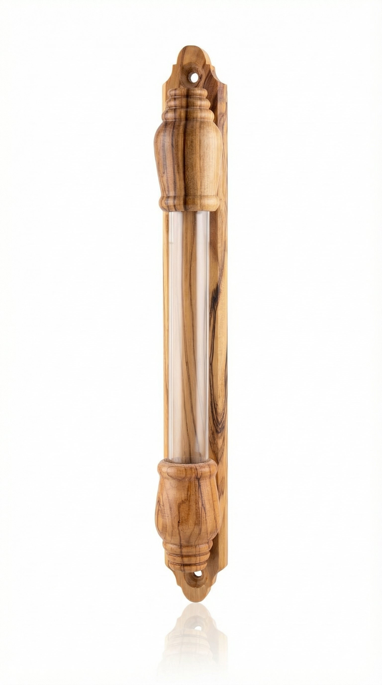 Large olive wood mezuzah with exposed glass scroll chamber and handcrafted details for indoor doorways.