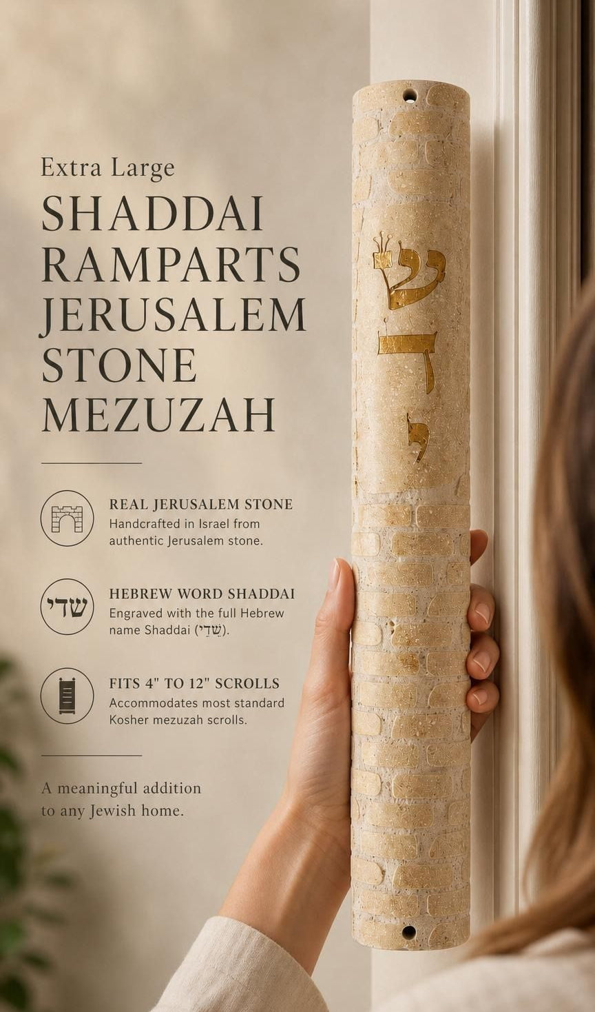 Hand-held view of the extra-large Shaddai Ramparts Jerusalem Stone Mezuzah showing its height, texture, Hebrew engravings, and gold lettering.