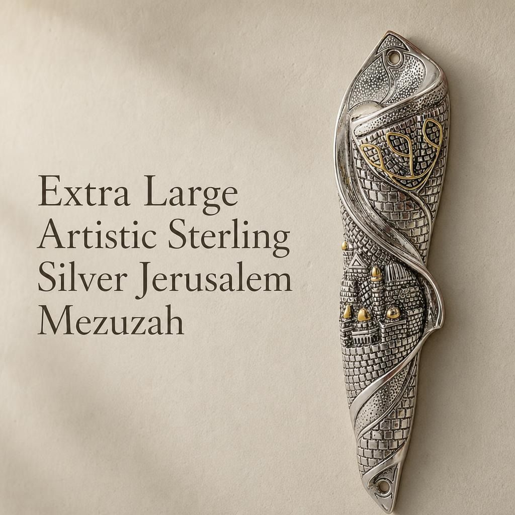 Premium image of the large sterling silver Jerusalem Mezuzah with city relief design on a stone background
