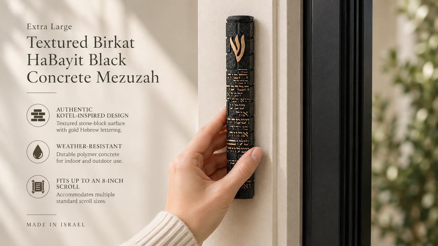 Person holding an 8.5-inch black concrete mezuzah with gold Birkat HaBayit lettering and a raised gold Shin in a hand against the entrance doorpost of a home