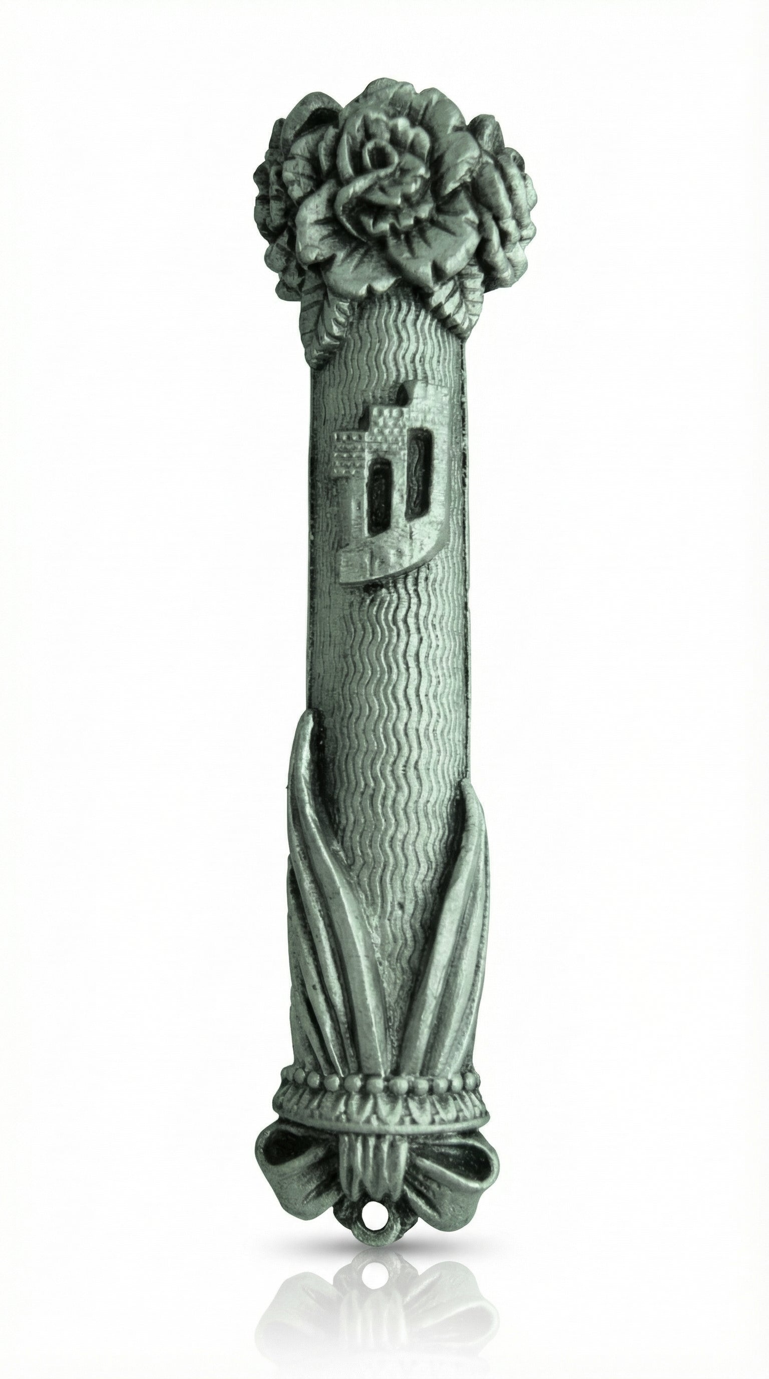 Handmade pewter Fairytale Mezuzah with castle-inspired design, draperies, pedestal, and floral accents, measuring 5 inches tall for home blessing.