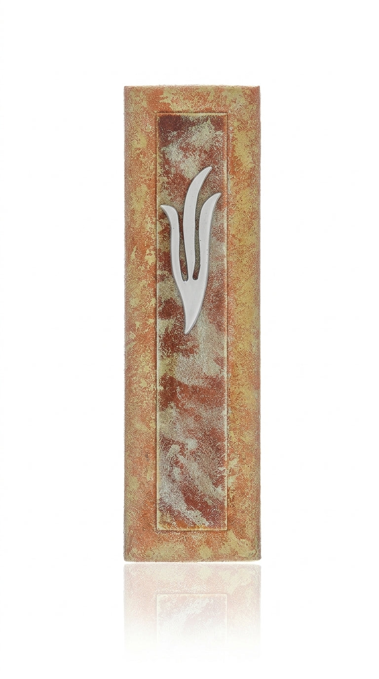 A hand-painted wooden mezuzah with warm auburn foliage design, measures 6 inches tall, designed for home door blessing, with detailed engraving.