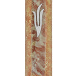 A hand-painted wooden mezuzah with warm auburn foliage design, measures 6 inches tall, designed for home door blessing, with detailed engraving.