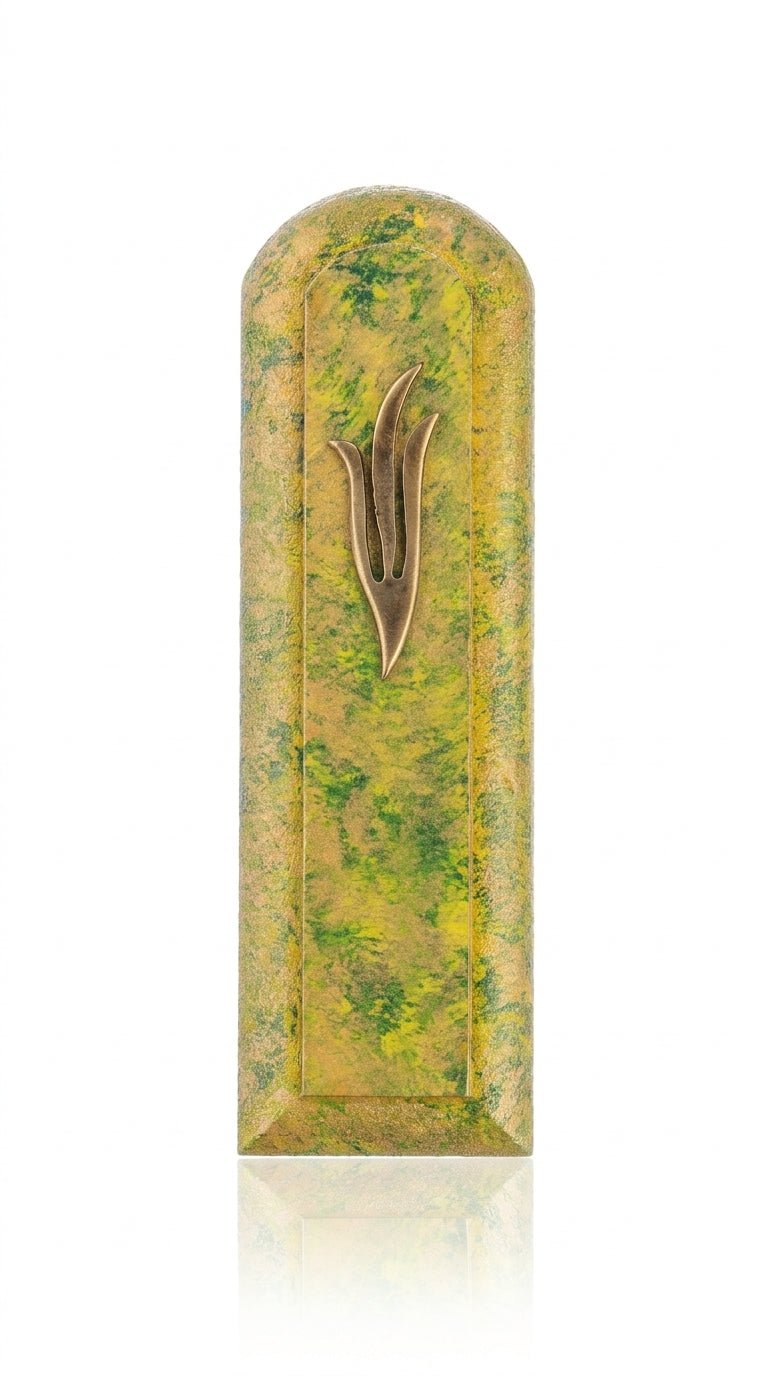 Autumn-themed hand painted wooden mezuzah featuring warm fall foliage colors, designed for home blessing, with precise intricate details and Hebrew engravings.