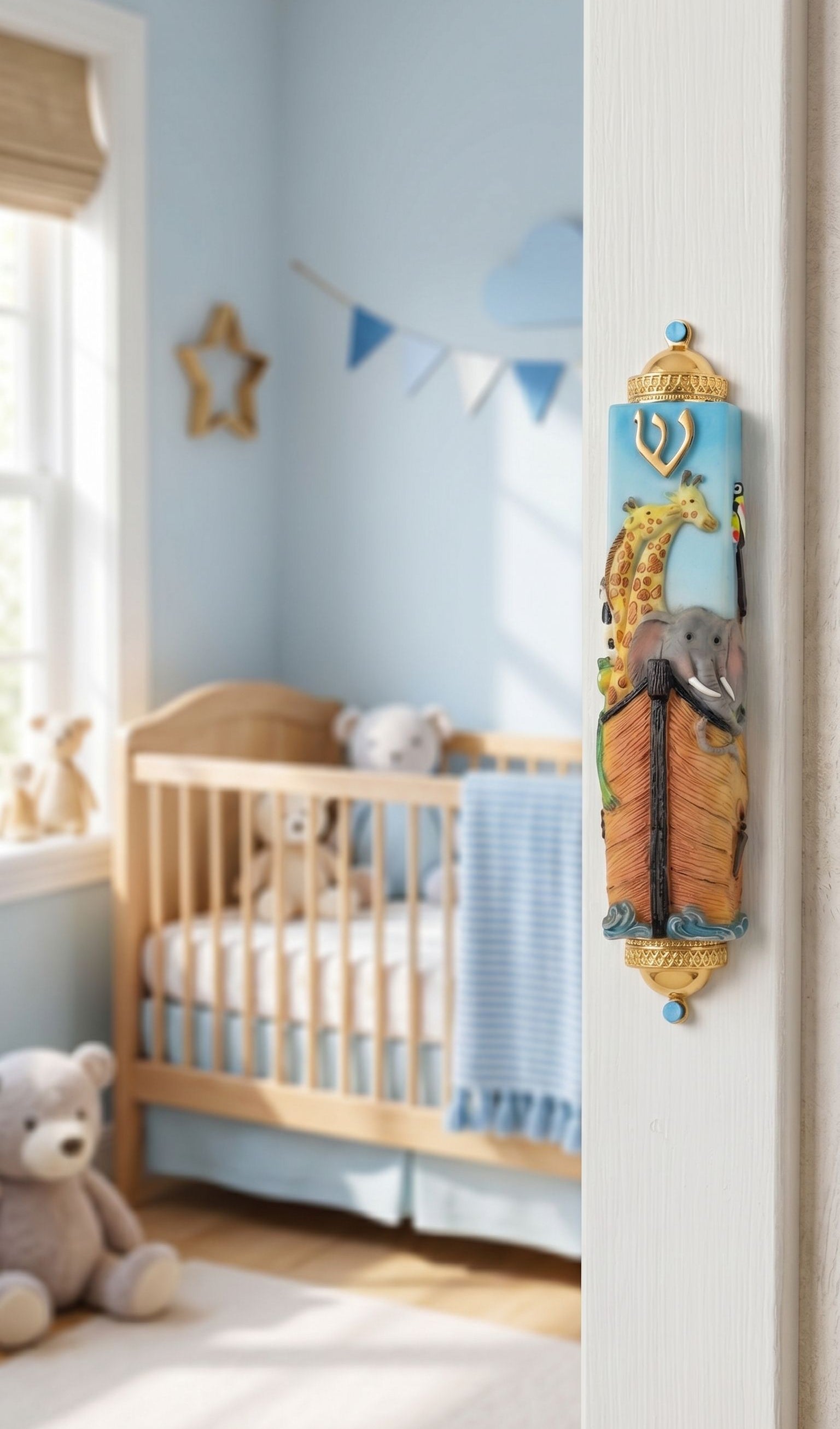 Hyper-realistic scene of a colorful Noah’s Ark mezuzah on the inner doorway in a family home, reflecting joyful Jewish tradition for children’s spaces.