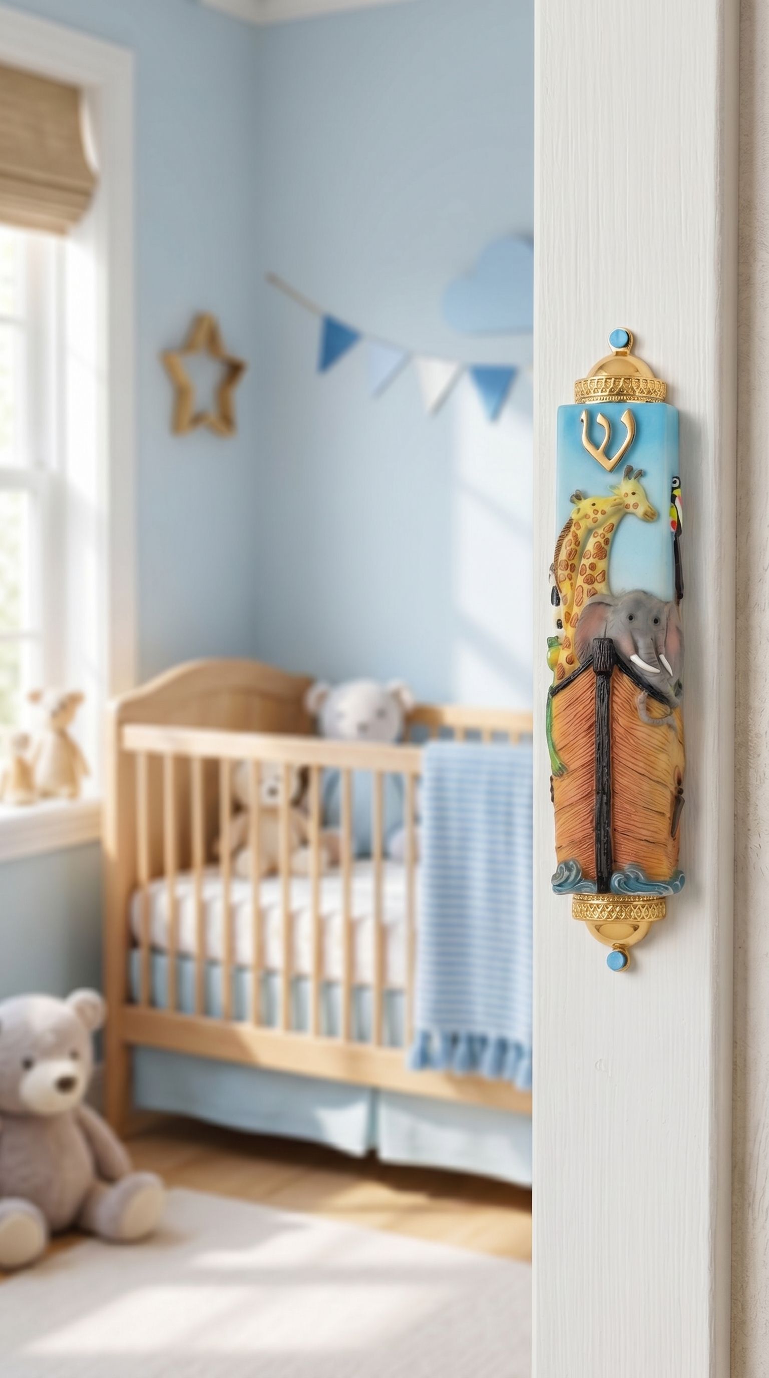 Hyper-realistic scene of a colorful Noah’s Ark mezuzah on the inner doorway in a family home, reflecting joyful Jewish tradition for children’s spaces.