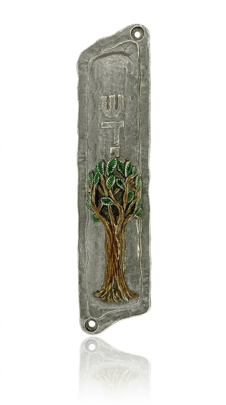 Intricately detailed pewter Family Tree Mezuzah, hand-painted with enamel, measuring 6 inches tall, designed to be affixed on doorposts.