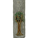 Intricately detailed pewter Family Tree Mezuzah, hand-painted with enamel, measuring 6 inches tall, designed to be affixed on doorposts.
