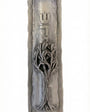 Pewter family tree Mezuzah measuring 6 inches tall, designed for home doorways with detailed engravings and Hebrew inscriptions, on a white background.