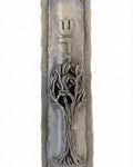 Pewter family tree Mezuzah measuring 6 inches tall, designed for home doorways with detailed engravings and Hebrew inscriptions, on a white background.