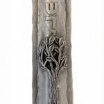 Pewter family tree Mezuzah measuring 6 inches tall, designed for home doorways with detailed engravings and Hebrew inscriptions, on a white background.
