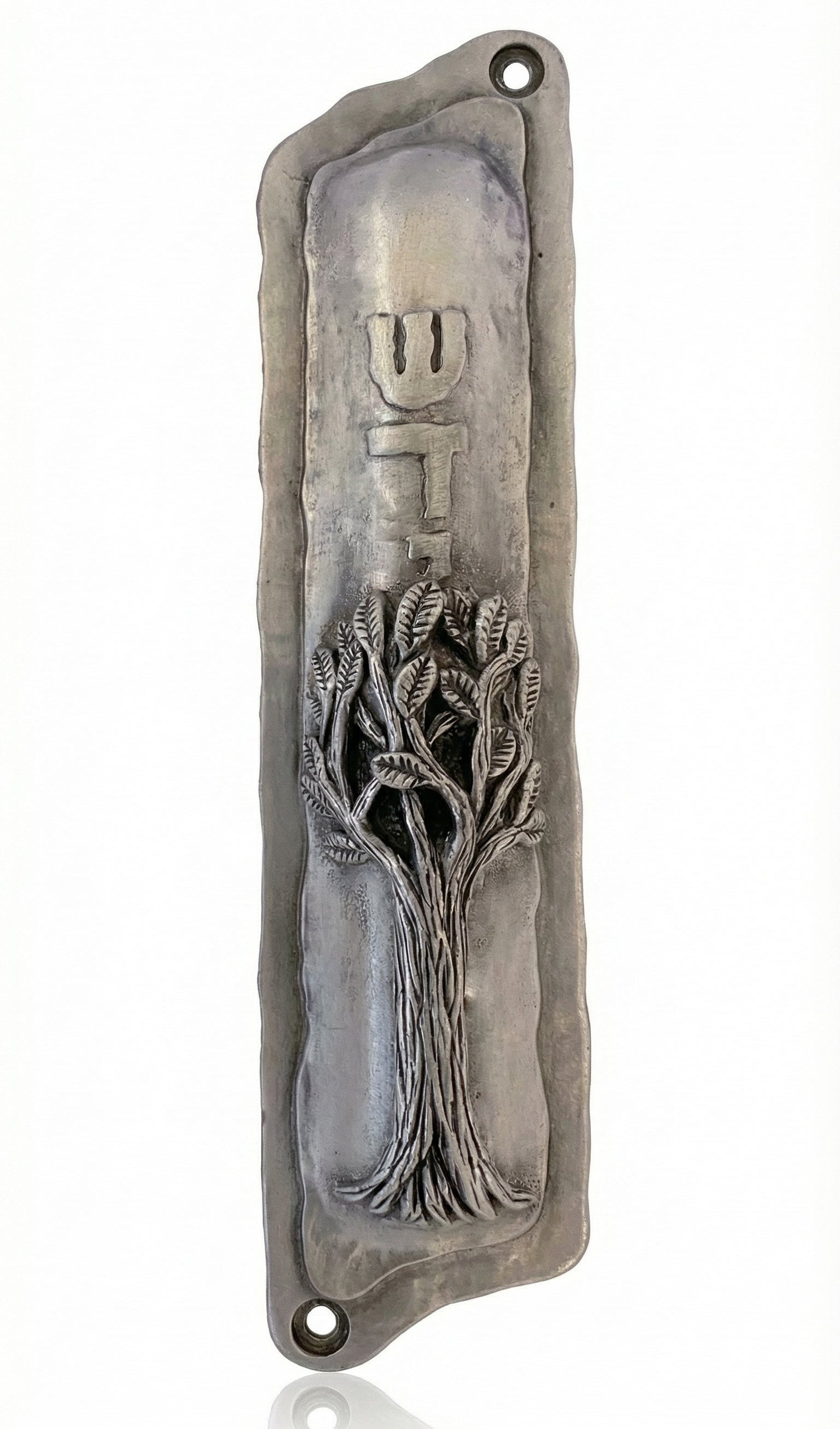 Pewter family tree Mezuzah measuring 6 inches tall, designed for home doorways with detailed engravings and Hebrew inscriptions, on a white background.