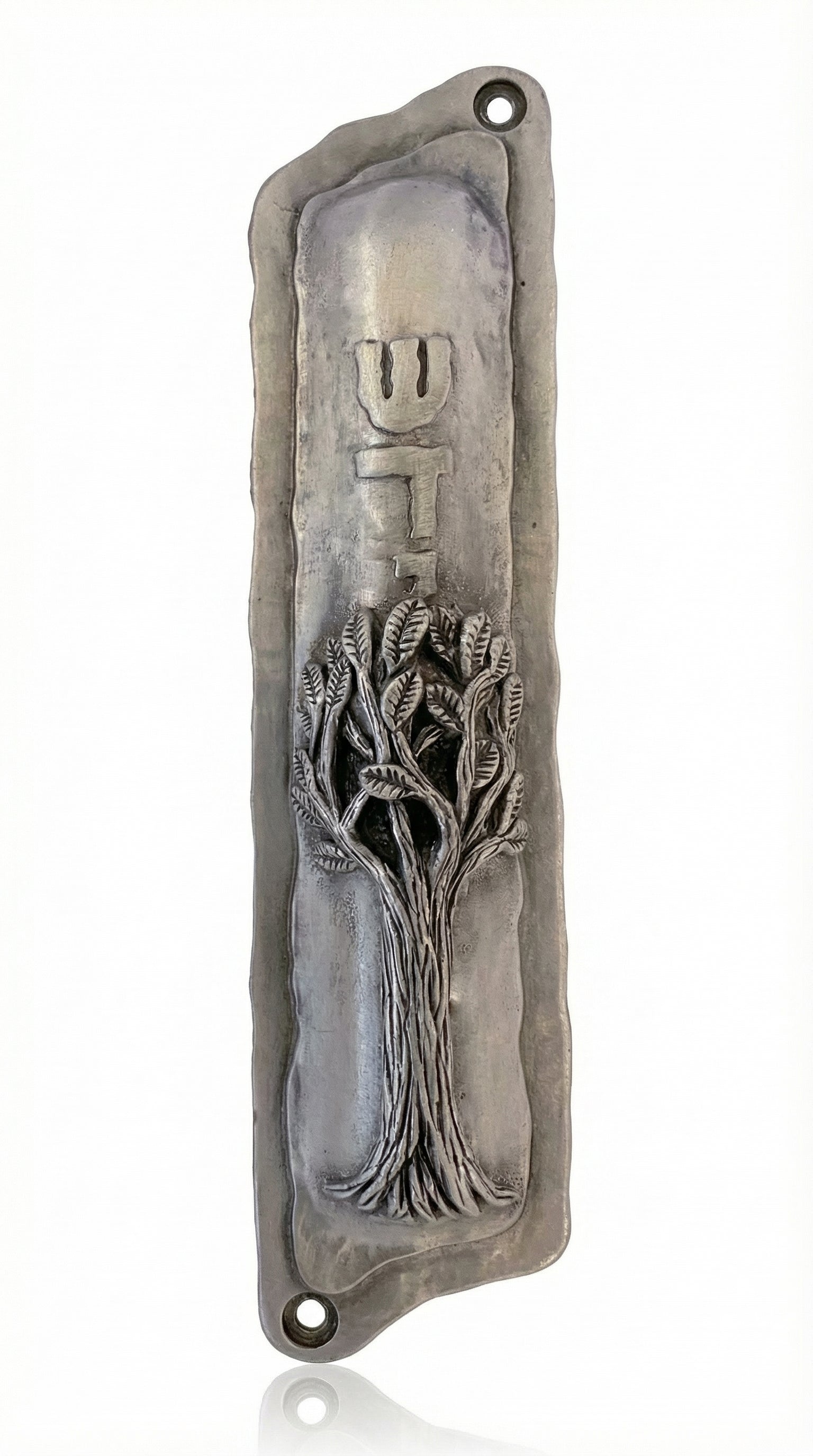 Pewter family tree Mezuzah measuring 6 inches tall, designed for home doorways with detailed engravings and Hebrew inscriptions, on a white background.