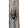 Pewter family tree Mezuzah measuring 6 inches tall, designed for home doorways with detailed engravings and Hebrew inscriptions, on a white background.
