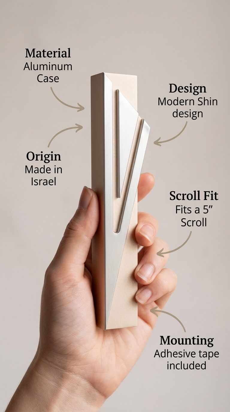 A hand holds a slim aluminum magnetic scroll protector with text callouts detailing its aluminum case, modern Shin design, Israeli origin, scroll fit, and included mounting tape against a neutral beige background.
